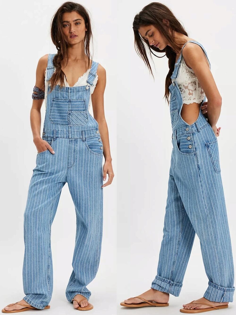 Free People XL Ziggy Striped Overalls in Beachcomber Railroad Bohemian Coastal